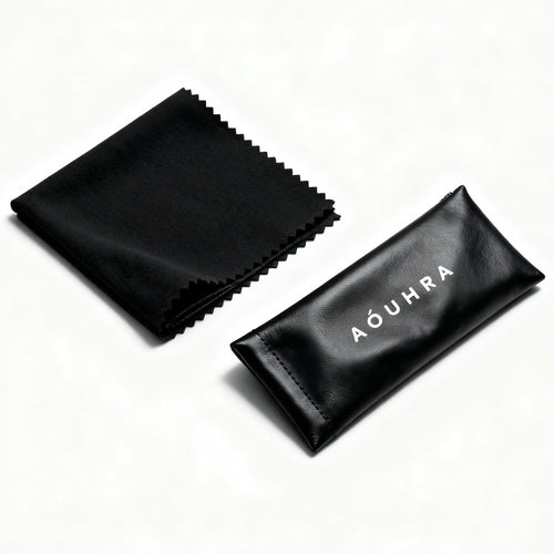 Black cleaning cloth and pouch with 'Aóuhra' branding on a white background