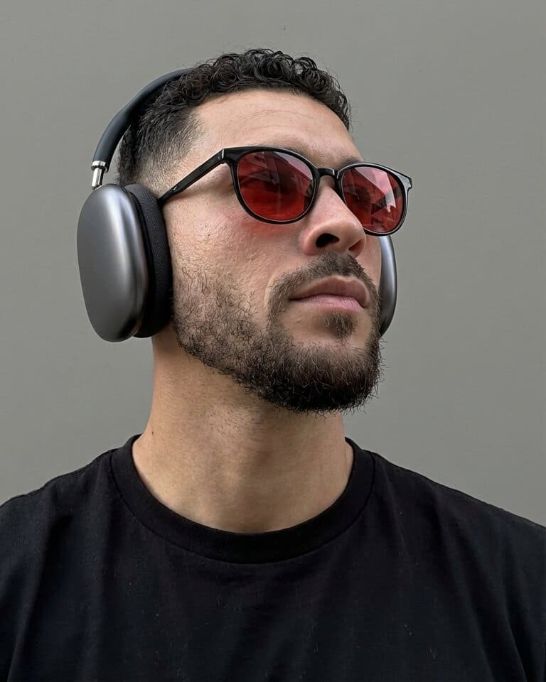 Red-lens glasses with headphones